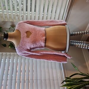 Sugar Thrillz Pink Fuzzy Crop Sweater With Heart Window